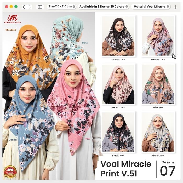 Umama Hijab Paket Hemat 5+2pc Hijab Segiempat Motif Voal Miracle Print V.51 Plat Logo Besi Premium Q