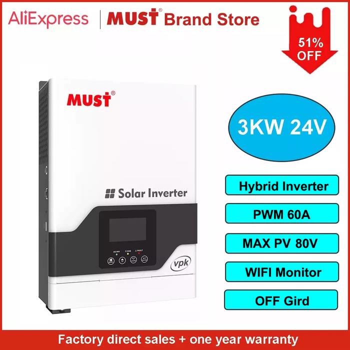 MUST PV1800 VPK 3KW 24V Home Hybrid Solar Inverter 60A Charge
