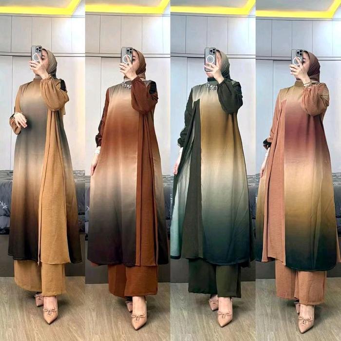 NEW MAYRA SET LONG TUNIK 3in1 GRADASI PREMIUM ONESET WANITA MATT CERUTY BEST SELLER KEKINIAN ALLSIZE