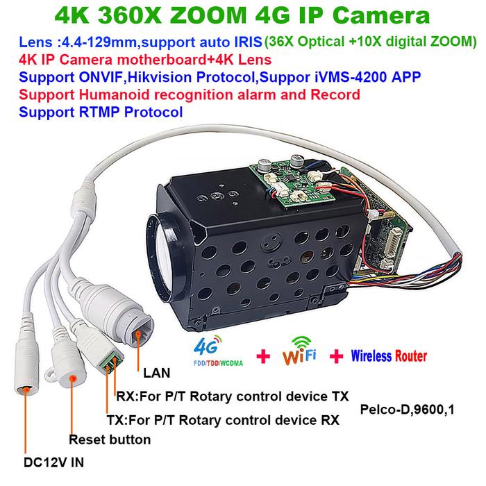 4K 8MP 360X Optical zoom 4G IP Camera auto IRIS Hikvision protocol