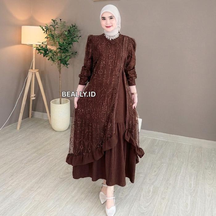 Dress Bianca Tille Brukat Wanita Mewah | Gamis Crinkle mix Brukat Kondangan Lebaran Kekinian - Bianc