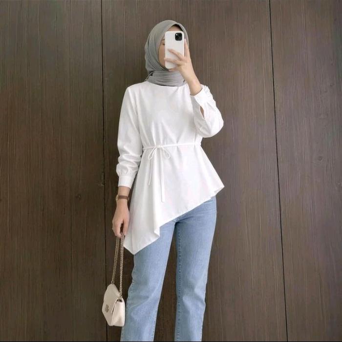 BLOUSE ASIMETRIS RAYON TWILL MINA I ATASAN WANITA TALI SERUT MINIMALIS LOOK