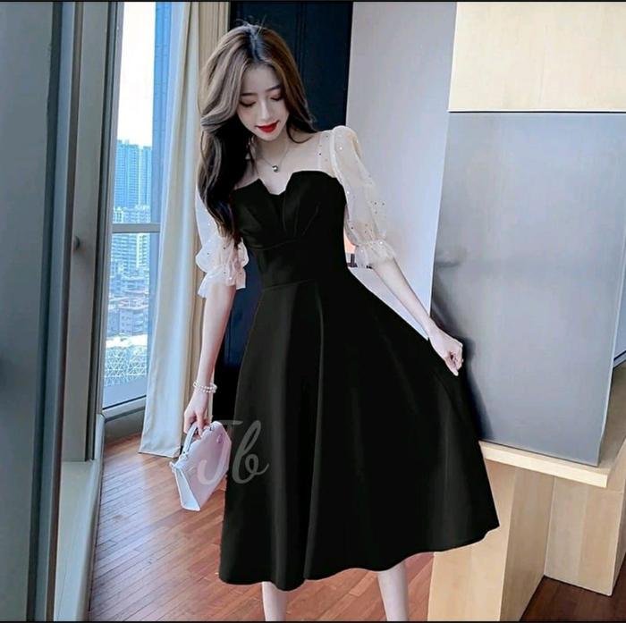 Dress Korean Style Wanita Lengan 3/4 Model Balon Gelembung Gliter Baju Pesta Cewek Korea Gaun Kondan