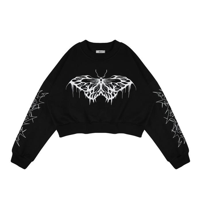 MRJN - Black Sweatshirt Crop Savage Tebal Basic Tangan Crewneck Sablon Panjang Hitam Wanita Sweater 