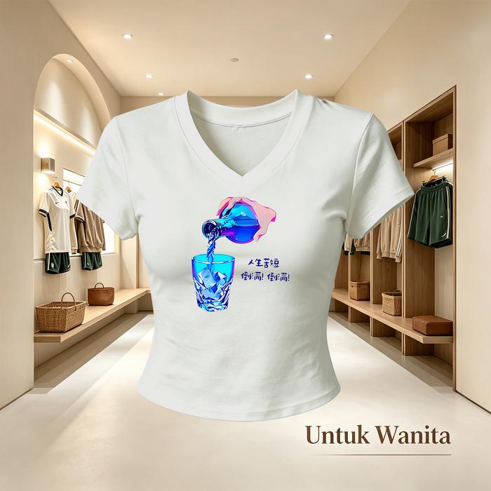 Kaos Crop Top V-Neck Wanita Slim Fit Hitam Motif Gelas Minuman Warna Biru Hologram Tulisan China Kao