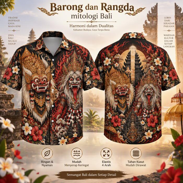 Kemeja Batik Bali Lengan Pendek Motif 3D Barong dan Rangda, Warna Hitam dengan Detail Merah Emas, Bu