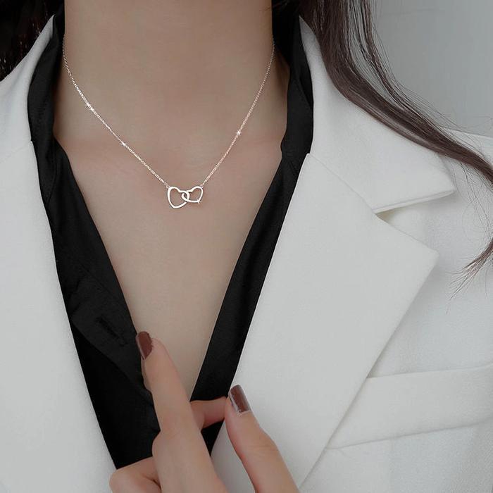 Kalung Hati Liontin Wanita Tulang Selangka Dengan Hati Ganda Berlubang Desain Saling Terkait