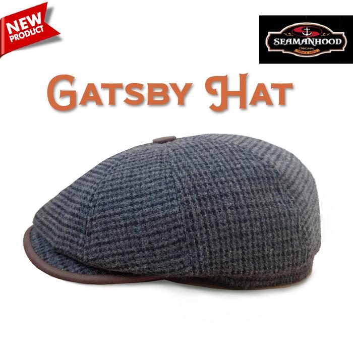 Topi Newsboy Hat Gatsby Style Original Seamanhood Flat Cap Wool Houndstooth Grey Kombinasi Kulit