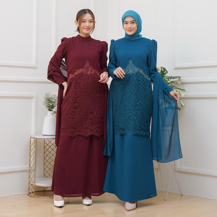 Yasmin Kebaya Baju Kurung Melayu Setelan Bordir Brokat Mix Rok Duyung Free Selendang Oneset Dress Mu