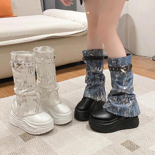 Sepatu Boots Wanita Martin Boots Korea Mid Calf Denim Chunky Platform Sol Tebal Karet Boots Tinggi H