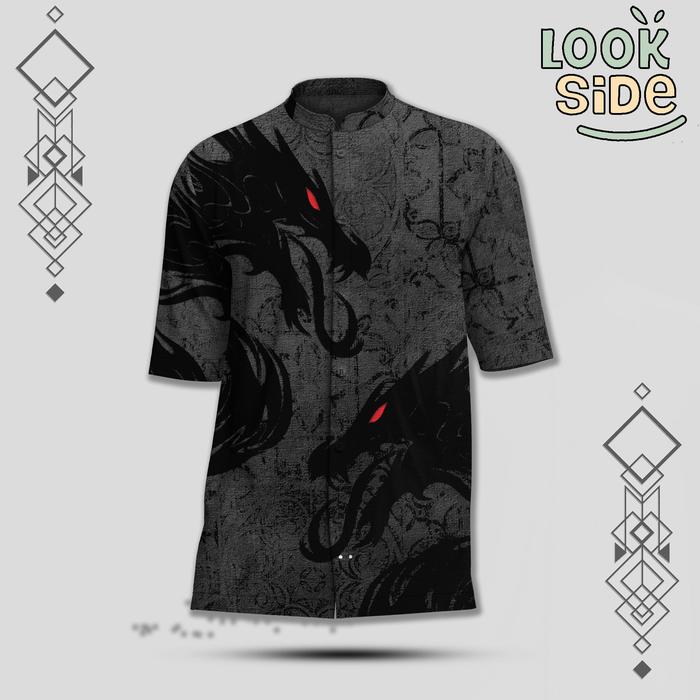 LOOKSIDE Kemeja Lengan Pendek Koko Batik Naga Twin Shadow Dragon Fullprint Adem | KOLOK08
