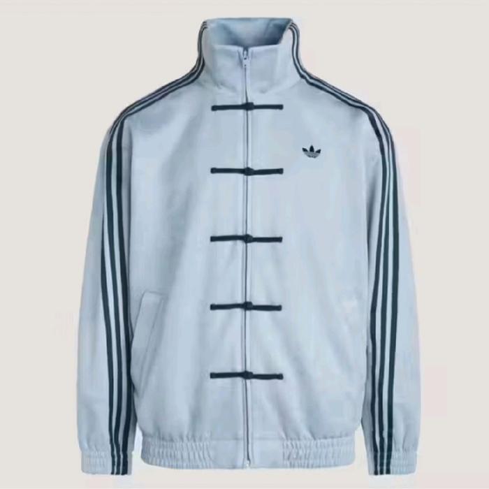Adidas Jaket Tracktop Biru Muda dengan Garis Hitam dan Tali Depan untuk Gaya Casual dan Nyaman