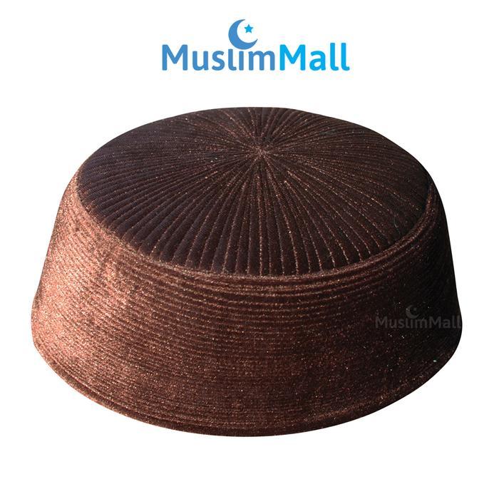 Peci Chechen Beludru Bulat Kaku Coklat Gelap Velvet - Thekufi