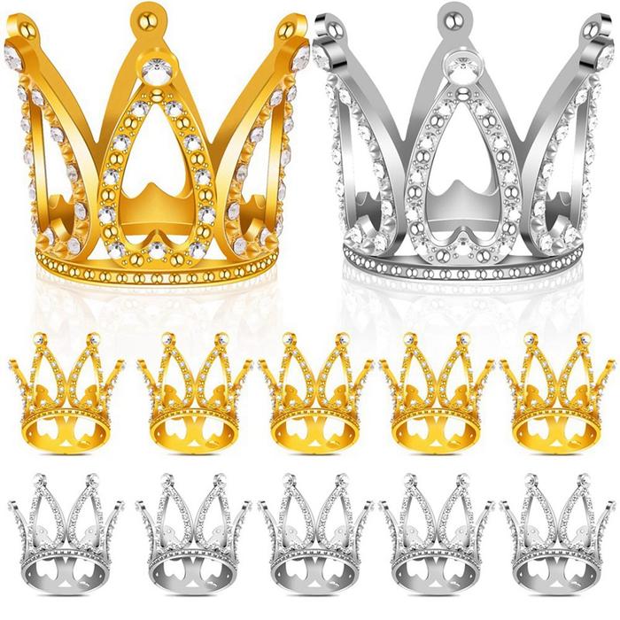 12 PCS Mini Crown Cake Topper,Gold & Silver Rhinestone Crown Cake