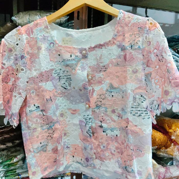 Baju Brokat katun Bolong Pendek Atasan Wanita Kancing Depan