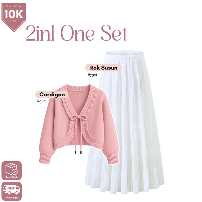 GRL 143 | Set 3in1 Remaja Cantik Bolero Pevita Rajut Dusty Pink Tanktop Putih Rok Susun Flowy Outfit