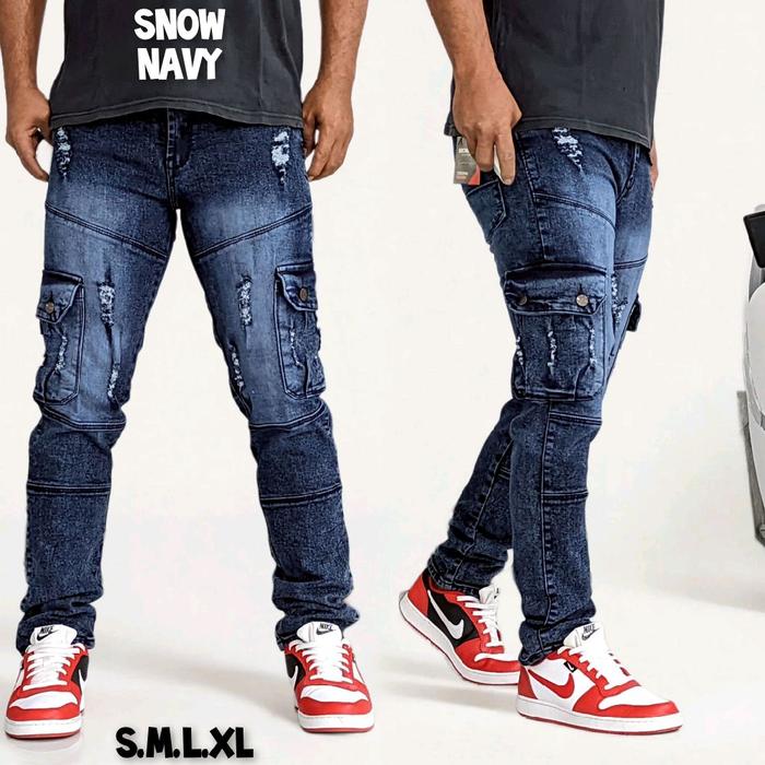 Celana jeans cargo Tartan Stretch Muda Pensil Panjang Pria Melar Fit Slim Fit Pendek Skinny Denim Ko