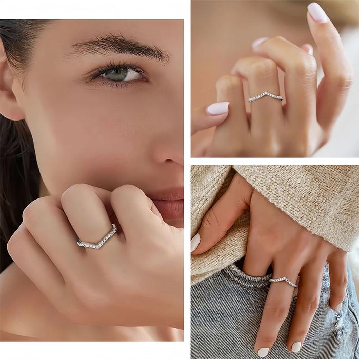 Cincin Pertunangan Surprise Wanita! V-Bentuk Pave Moissanite + Berlian Tiruan, Dilengkapi Cincin Kel