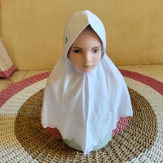 jilbab/kerudung/hijab anak sekolah bergo pet tali laser pinggir SD/MI warna putih Muslim Nyaman Inst