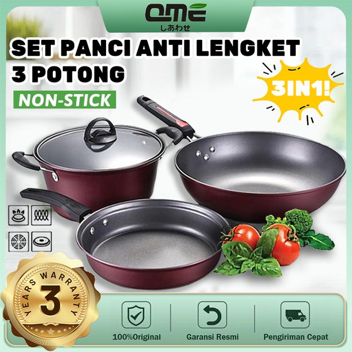 DISKON QME Panci Wajan Teflon Set Panci Teflon Penggorengan Set 3 Pcs Pans Pots READY STOCK