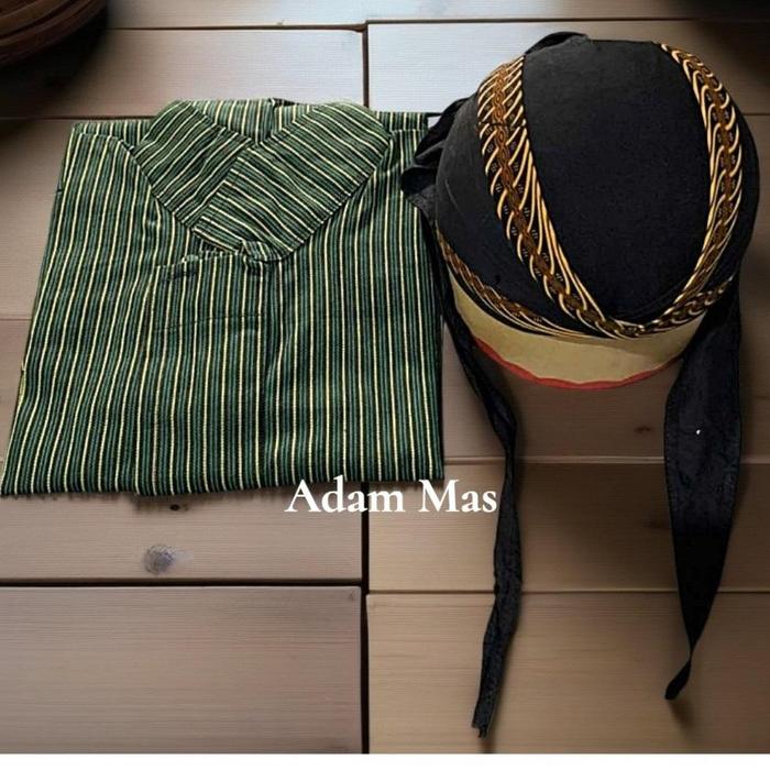 Baju Surjan Lurik dan Blangkon Pria Adat Jawa Tenun Tradisional Warna Hijau Merah Abu Abu Biru Cokel