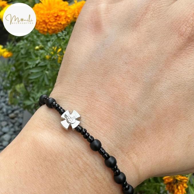 TERLARIS Terbaik Gelang Rosario doff onyx 4mm dengan konektor Salib - Tali Serut READY