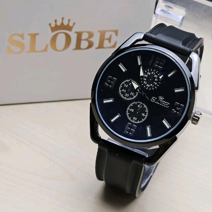 JAM TANGAN PRIA SLOBE SB-2411 STRAP KULIT ANALOG FREE BOX DAN BATERAI CADANGAN