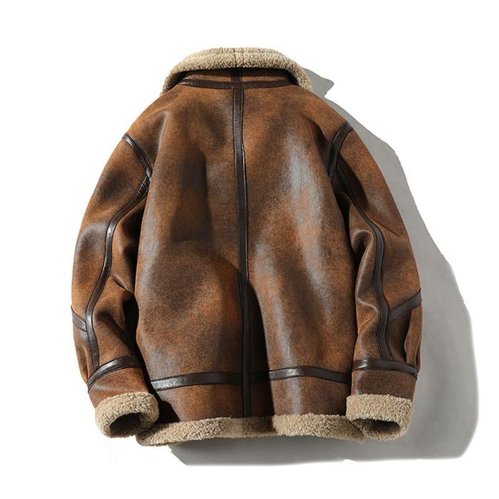 Retro Suede Leather Jacket Men's Shearling Coat Winter Warm Faux Fur Lined Bomber Jacket Motorcycle