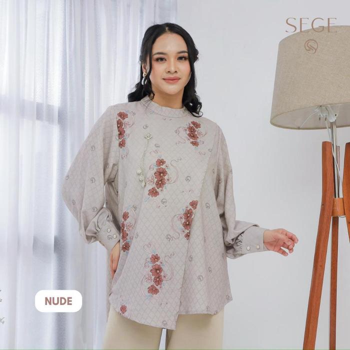 SEGE Mina Blouse  Wanita Jumbo & Reguler - Atasan Elegan Layer Asimentris Floral, Busui Friendly, Ko