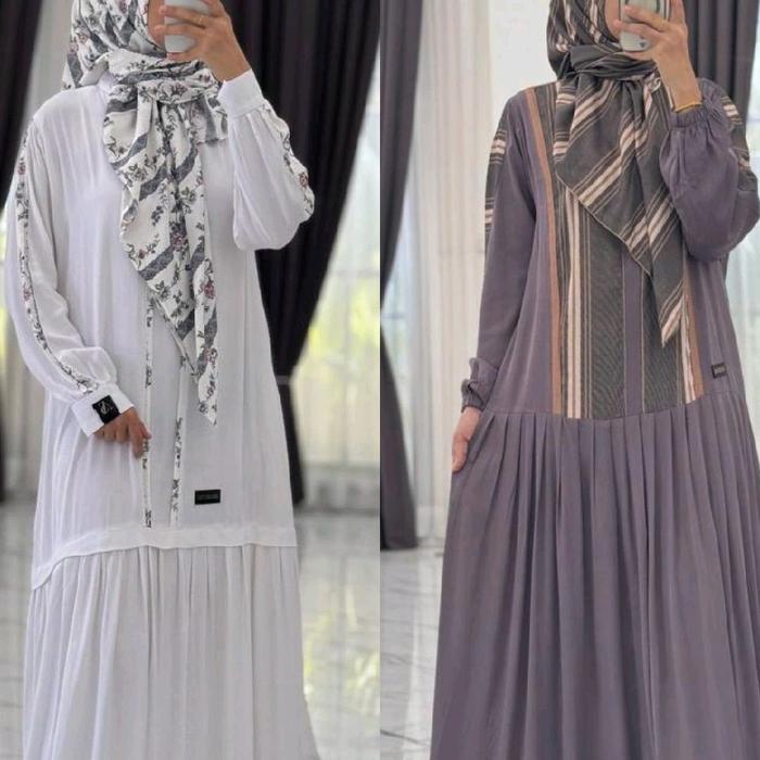 Gamis Anjani store set hijab putih abu
