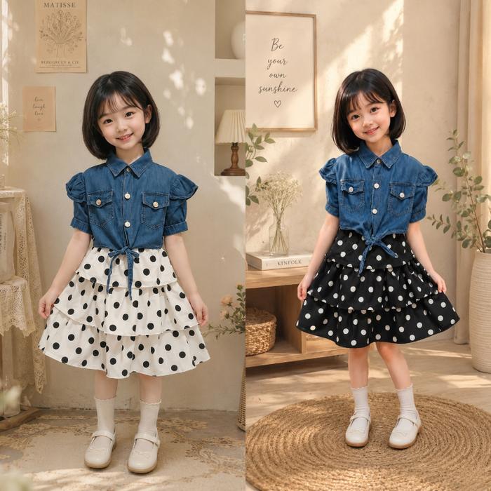 Baju Anak Perempuan Korean Style Dress Polkadot Kombinasi Rompi Jeans 1 sampai 10 Tahun / Dress Polk