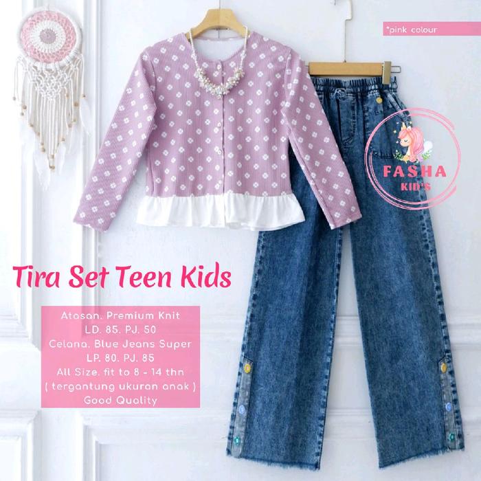 Fasha Kids Tira Set Teen Kid's Setelan Anak Remaja Usia 8-14 Tahun Motif Polkadot Elegan Bahan Knit 