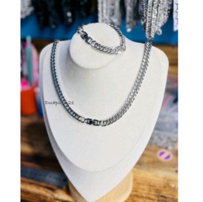 SATU SET KALUNG DAN GELANG RANTAI TITANIUM 7mm JEPIT JAM PRIA DAN WANITA ANTI KARAT