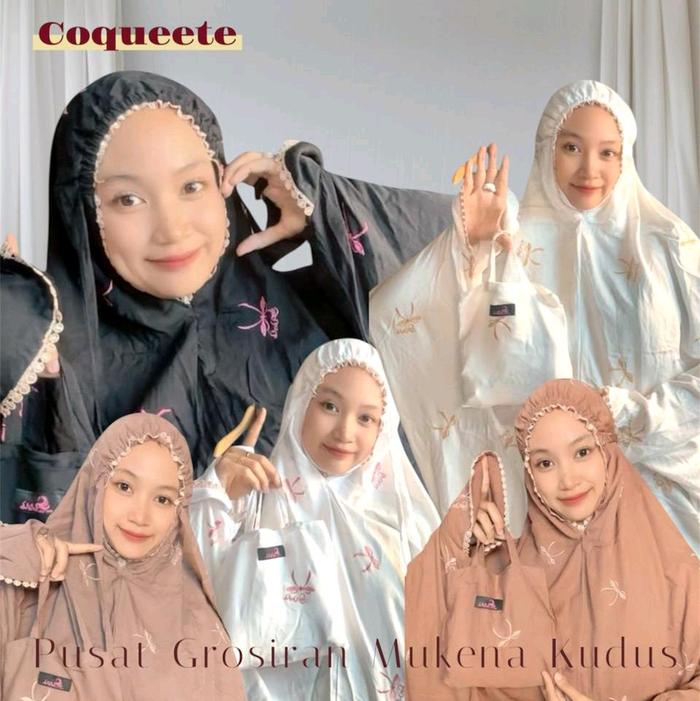 Pusat Grosiran Mukena Kudus-MUKENA TERUSAN BORDIR COQUEETE BAHAN RAYON TWILL ADEM DINGIN