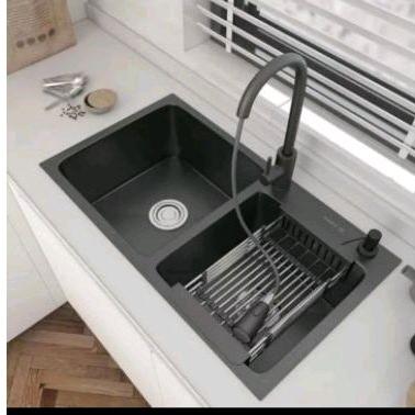kitchen sink hitam 75x40 Paket kran tarik hitam lengkap