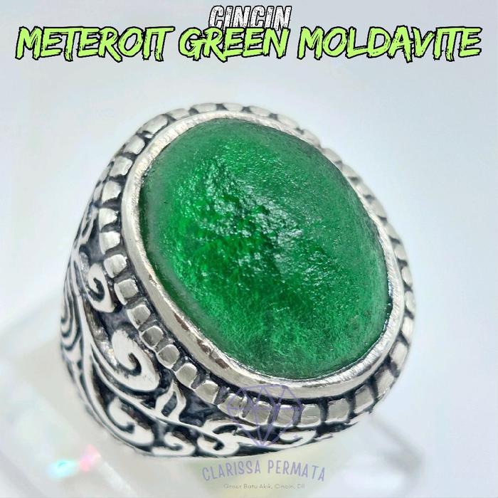 Cincin batu meteor hijau moldavite / satam iron meteorit green textite Ring alpaka super