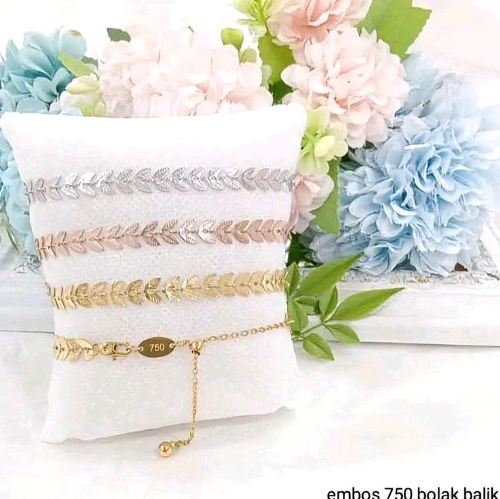 Gelang Serut Daun Wanita Titanium Anti Karat Tidak Luntur Gelang Tarik Adjustable Embos 750 Emas Ros