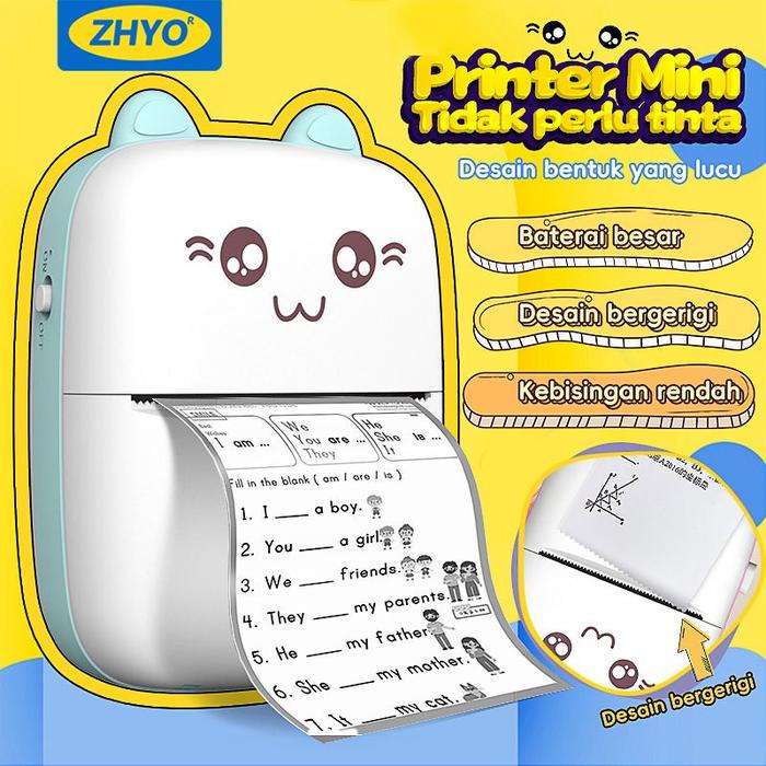 ZHYO Printer Bentuk Kucing Printer Foto Termal Mini Pocket Portabel Kecil Printer Label, Struk, dan 
