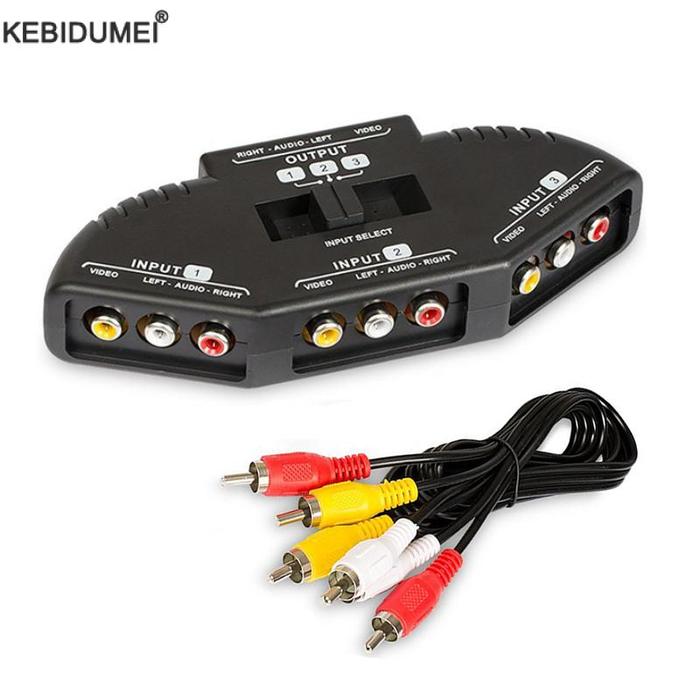 3 Way Audio Video AV RCA Black Switch Selector Box Splitter Switch With RCA Cable For TV X-box DVD P