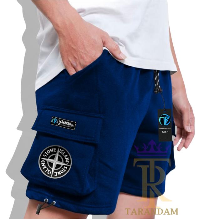 Celana Pendek Cargo Pendek Pria Santai Warna Navy Motif Stone Island Terlaris Kota Bandung Size M-L-
