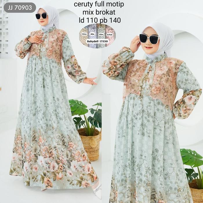 (PAKET ISI 2 PCS) JJ 70903 Gamis - TRESNA MUSLIM Gamis Ceruty Babydoll Motif Kombinasi Brukat Dada