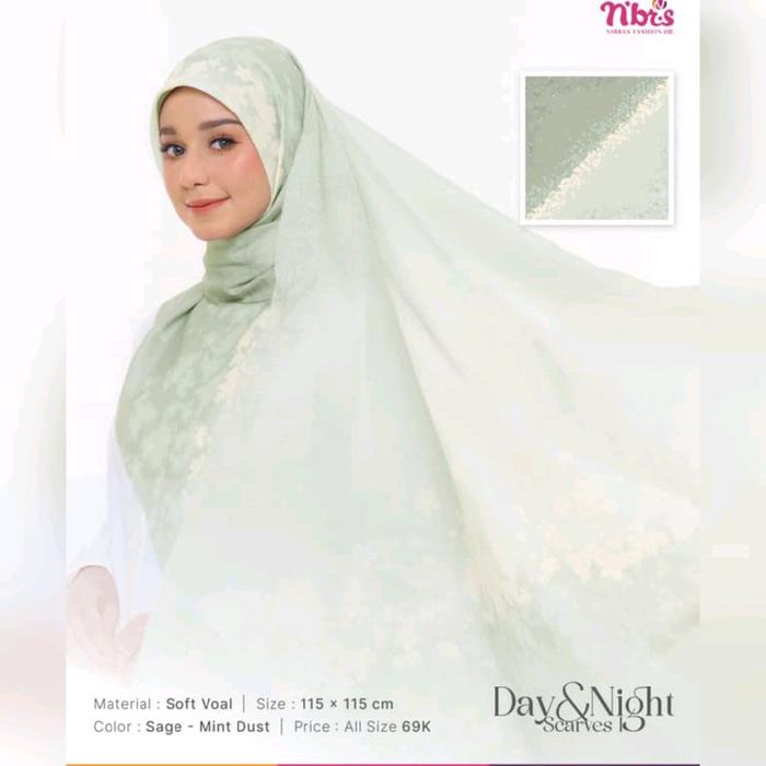 Nibras Hijab Day and Night Scarves Hijau Muda Sage Mint Motif Bunga Jilbab Kerudung Segi Empat Squar