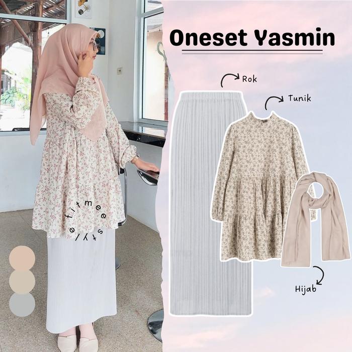 Yasmin Outfit Set 3in1 Wanita ( Atasan Blouse Tunik Ruffle + Rok Plisket Lidi + Hijab Square ) Setel