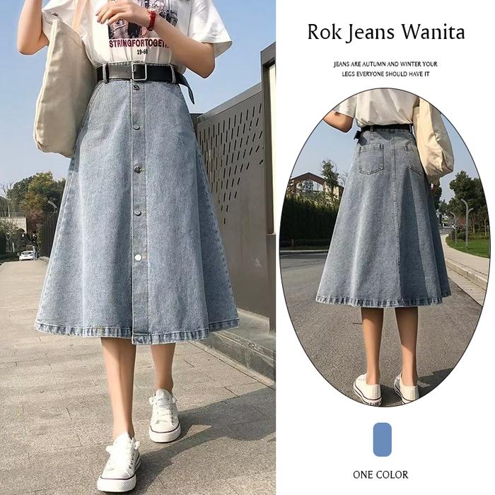 COD (Ready stok!!!) rok kancing penuh rok korean style panjang 7/8 rok jeans wanita kancing depan ro