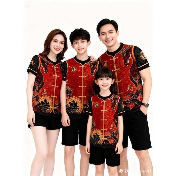 Jersey Imlek Shio Kuda Tahun Baru Cina 2026 Kaos Imlek Cheongsam Bahan Emboss Toppo SHKD-05A