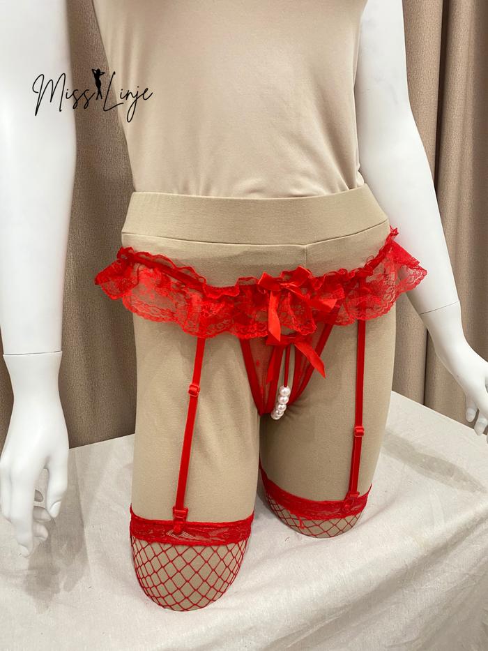 MissLinje Baju Dinas Wanita Lingerie Stoking Set Celana Dalam Gstring Mutiara dan Stocking Sexy
