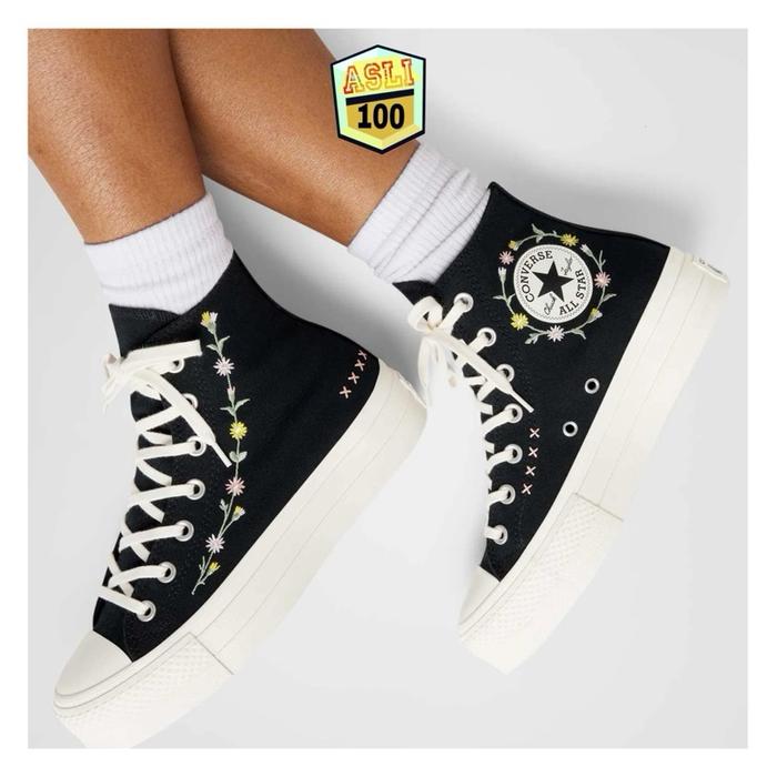 Converse Chuck Taylor Floral BNIB Original Sepatu Sneakers Hitam dengan Motif Bunga dan Tali Putih