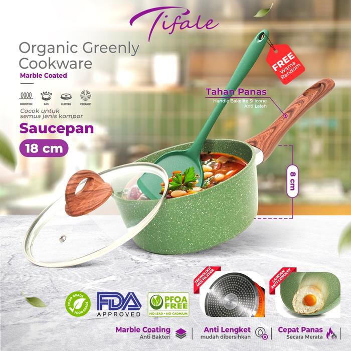 TERLARIS Tifale Organic Greenly Cookware Saucepan Marble Coated Anti lengket Handle Bake Silicone An