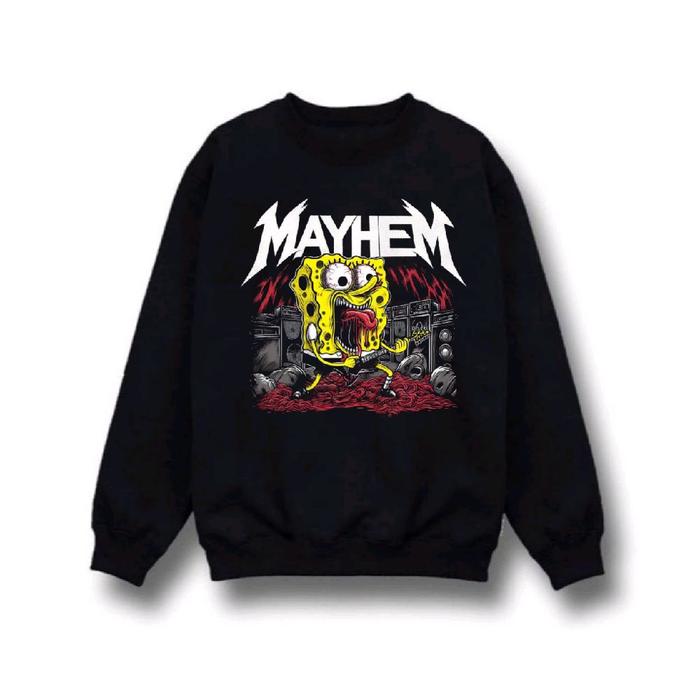crewneck Spongebob mayhem sweater pria wanita distro bandung Unisex Hitam Zipper Keren
