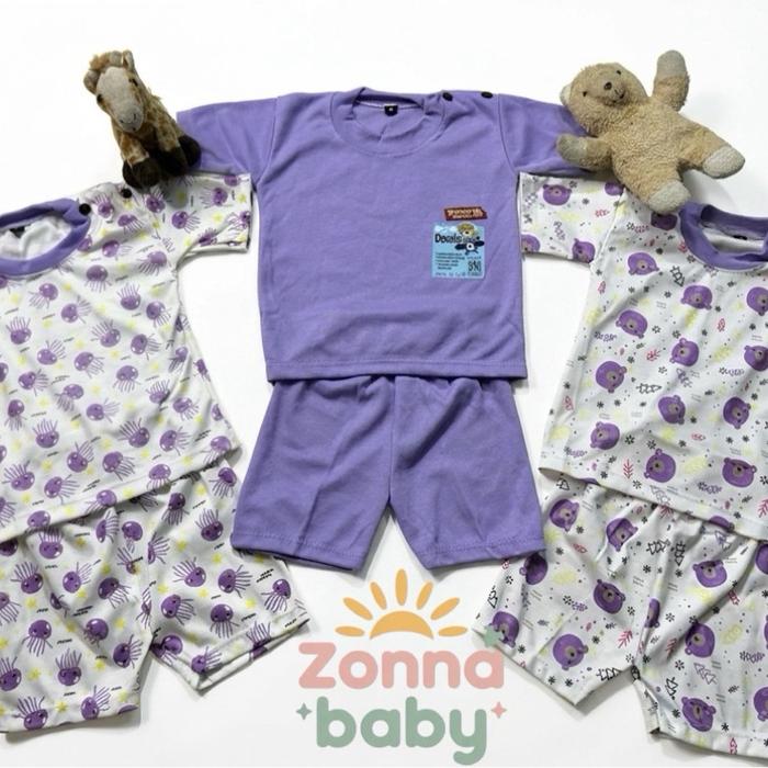 Top 1 DENZIE - 3 Set Baju Bayi Seri Lilac Pendek Kancing Bahu Usia 3-24 Bulan Motif Karakter & Polos